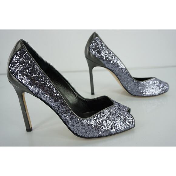 Manolo Blahnik Glitter Fatducabo Peep Toe Heels Pumps Size 37.5 - Picture 4 of 12